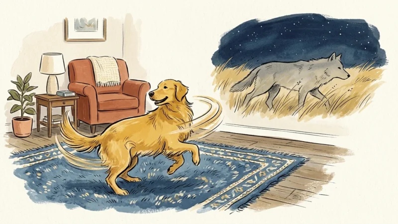 Editorial gouache illustration of a golden retriever spinning on a rug with a wolf shadow in the background.