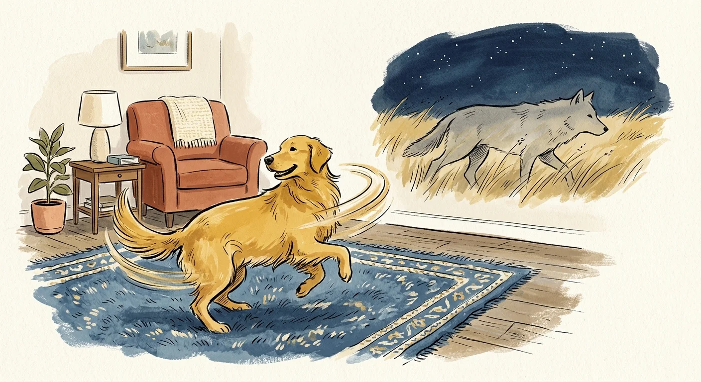Editorial gouache illustration of a golden retriever spinning on a rug with a wolf shadow in the background.