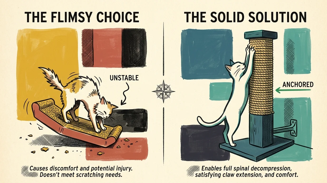 Side-by-side comparison showing a cat on an unstable cardboard scratcher versus a cat stretching on an anchored rope post.
