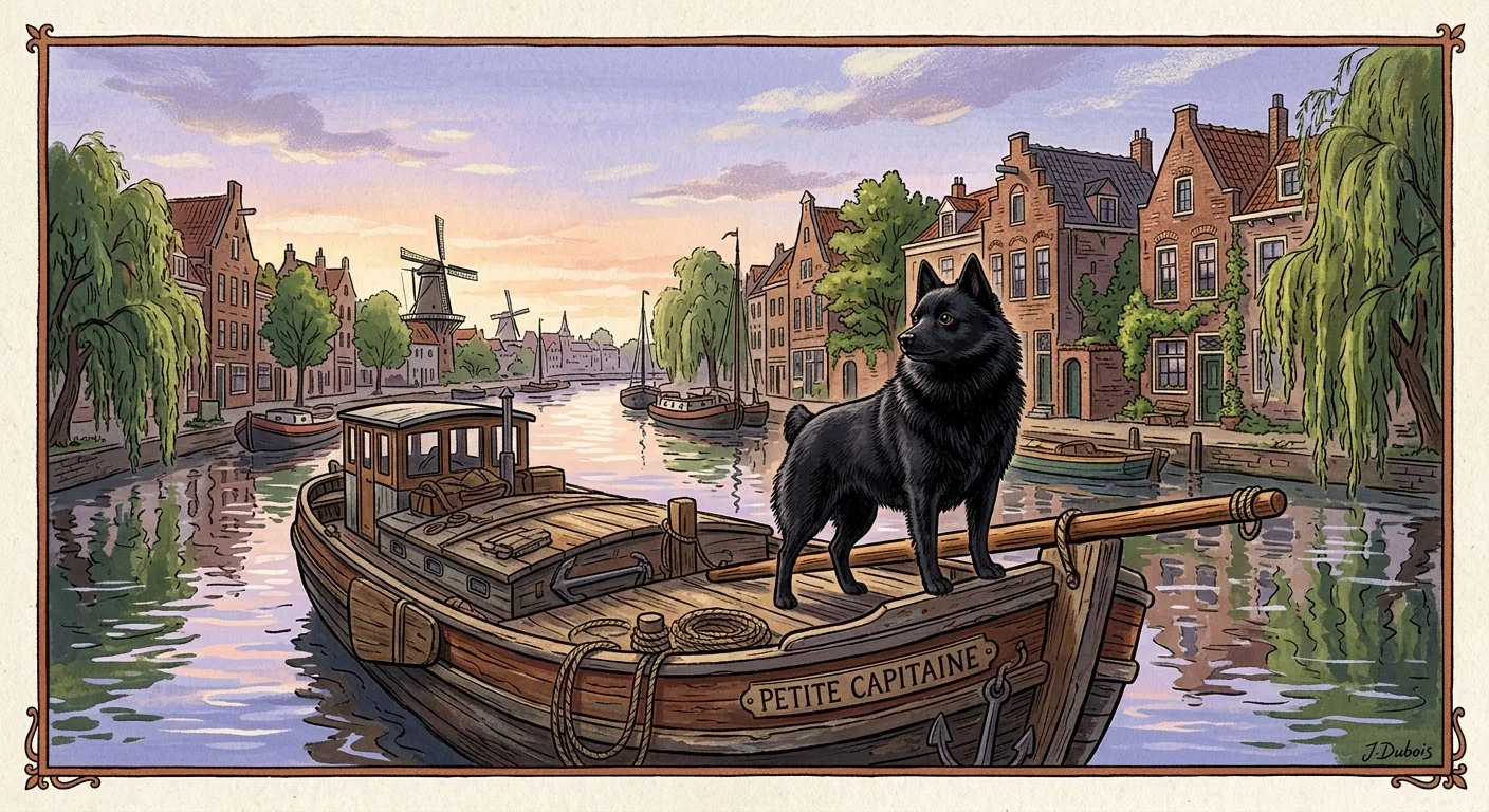 Illustration of a black Schipperke dog standing on the bow of a wooden canal boat in a European town.