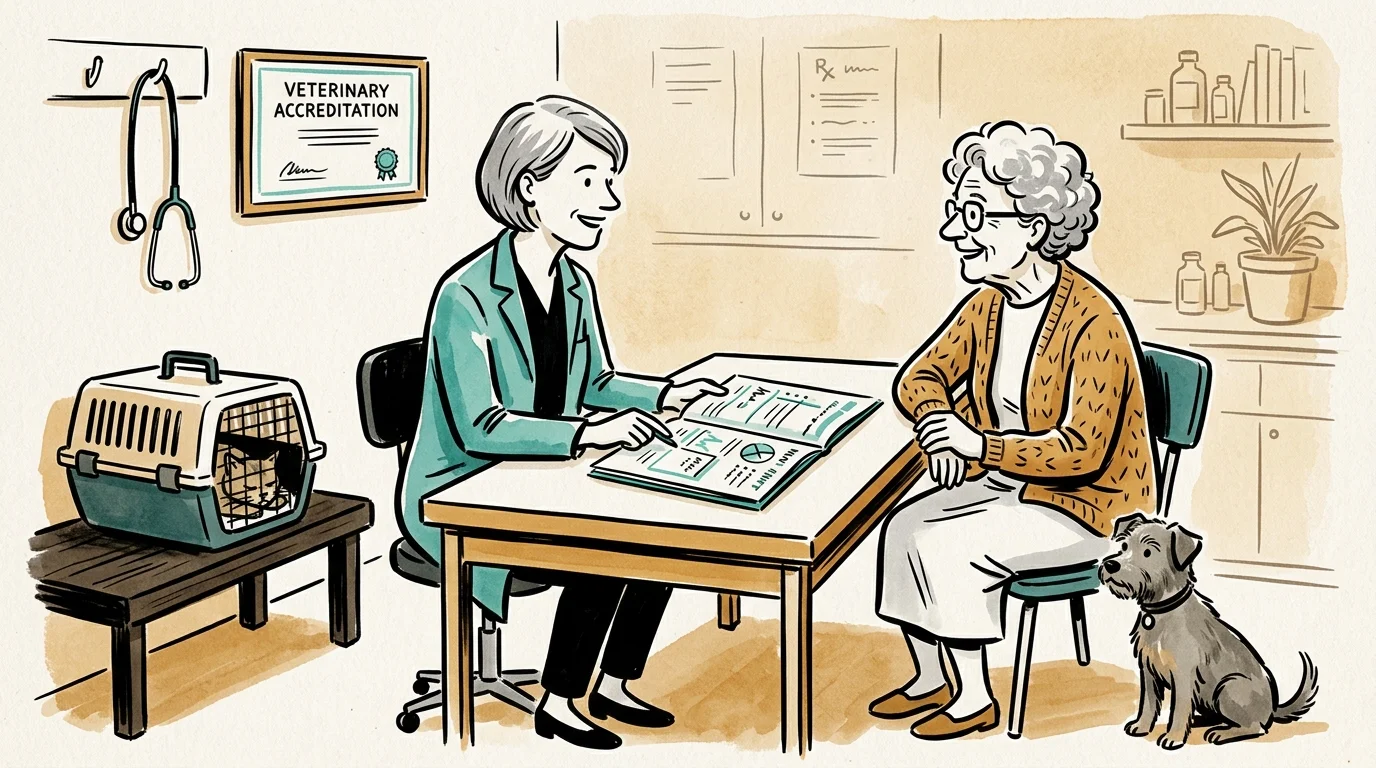 Illustration of a veterinarian consulting with an elderly woman at a desk with a cat carrier and a dog nearby.