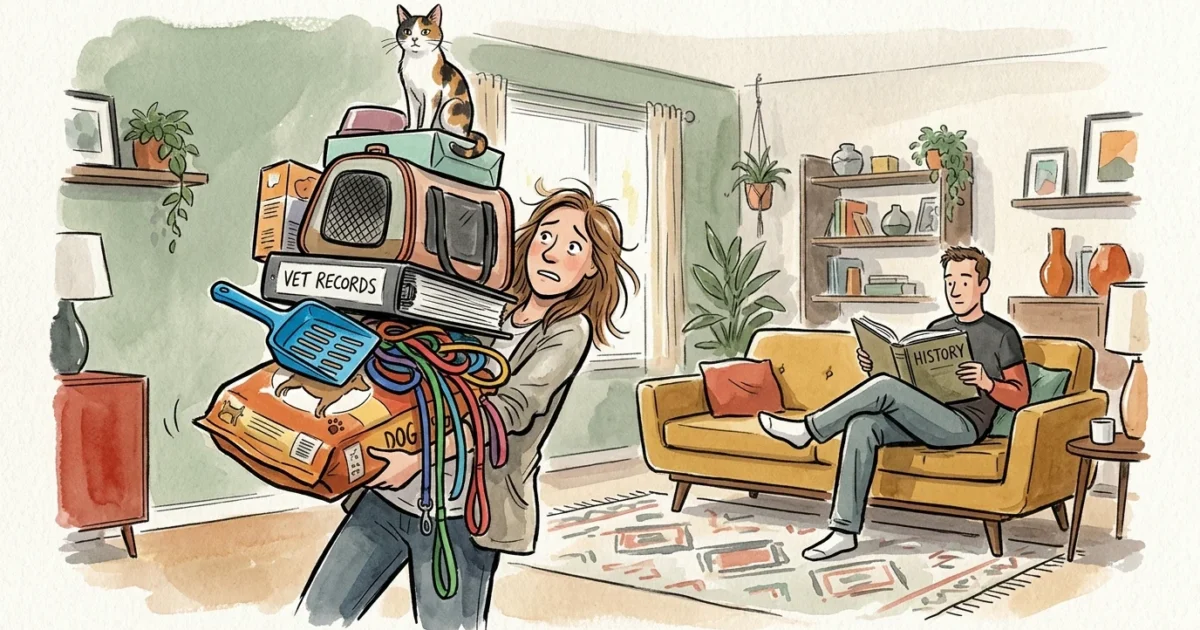 Editorial illustration of a woman carrying a heavy stack of pet supplies while her partner sits comfortably on the couch.