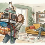 Editorial illustration of a woman carrying a heavy stack of pet supplies while her partner sits comfortably on the couch.
