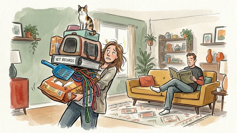 Editorial illustration of a woman carrying a heavy stack of pet supplies while her partner sits comfortably on the couch.