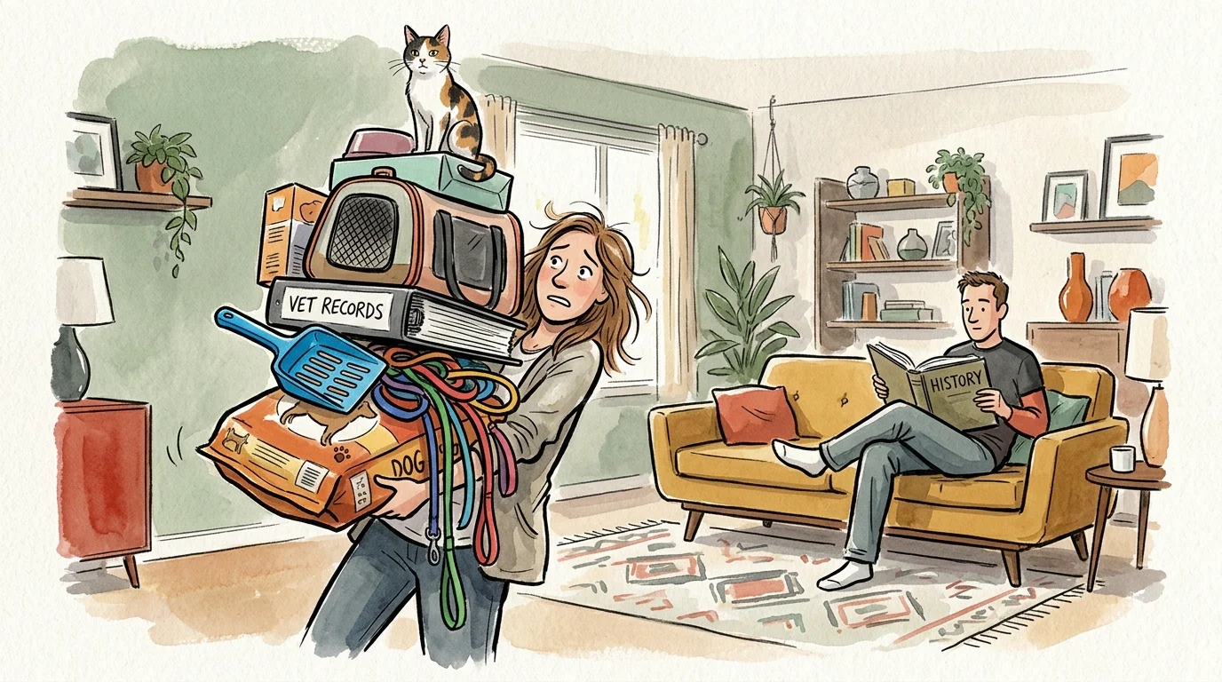 Editorial illustration of a woman carrying a heavy stack of pet supplies while her partner sits comfortably on the couch.