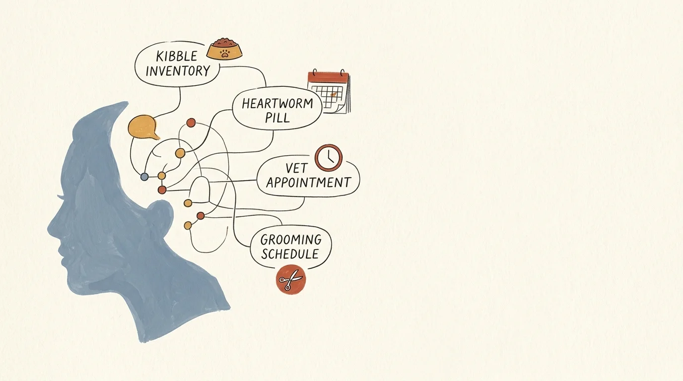 Editorial illustration showing a woman's silhouette with a mental map of pet schedules, medication dates, and food inventory.