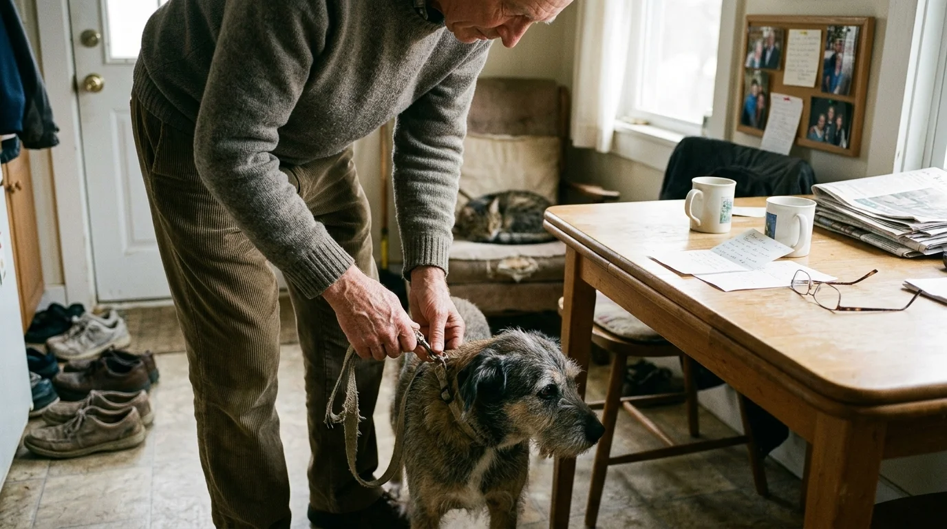 A man clips a leash onto his dog indoors beside a wooden table, while a cat sleeps on an armchair behind them.
