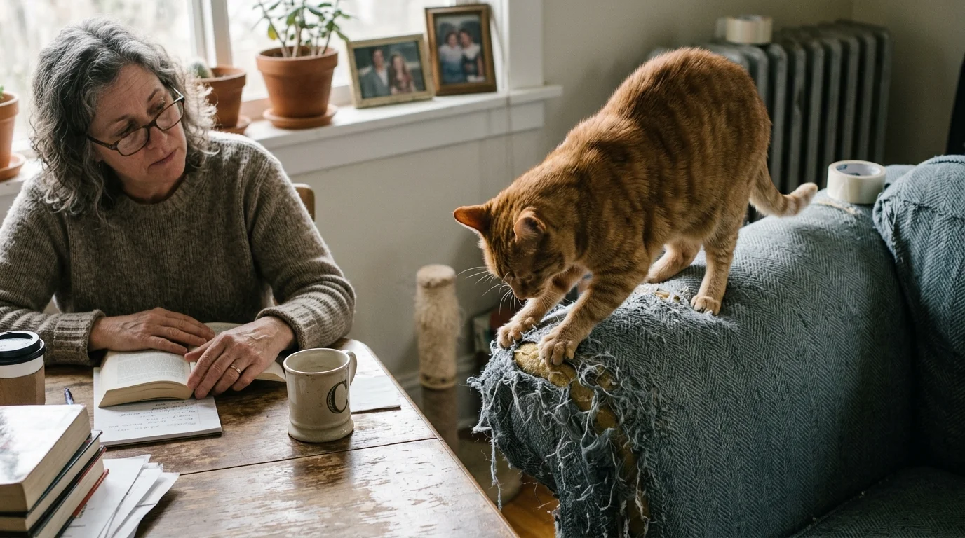 An orange tabby cat scratches the frayed arm of a blue sofa while a woman sits reading at a nearby wooden table.
