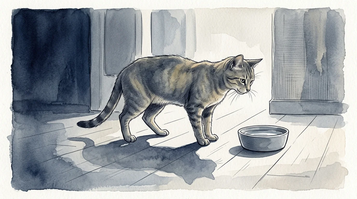 Watercolor illustration of a slender tabby cat standing on a wooden floor, looking into an empty bowl.