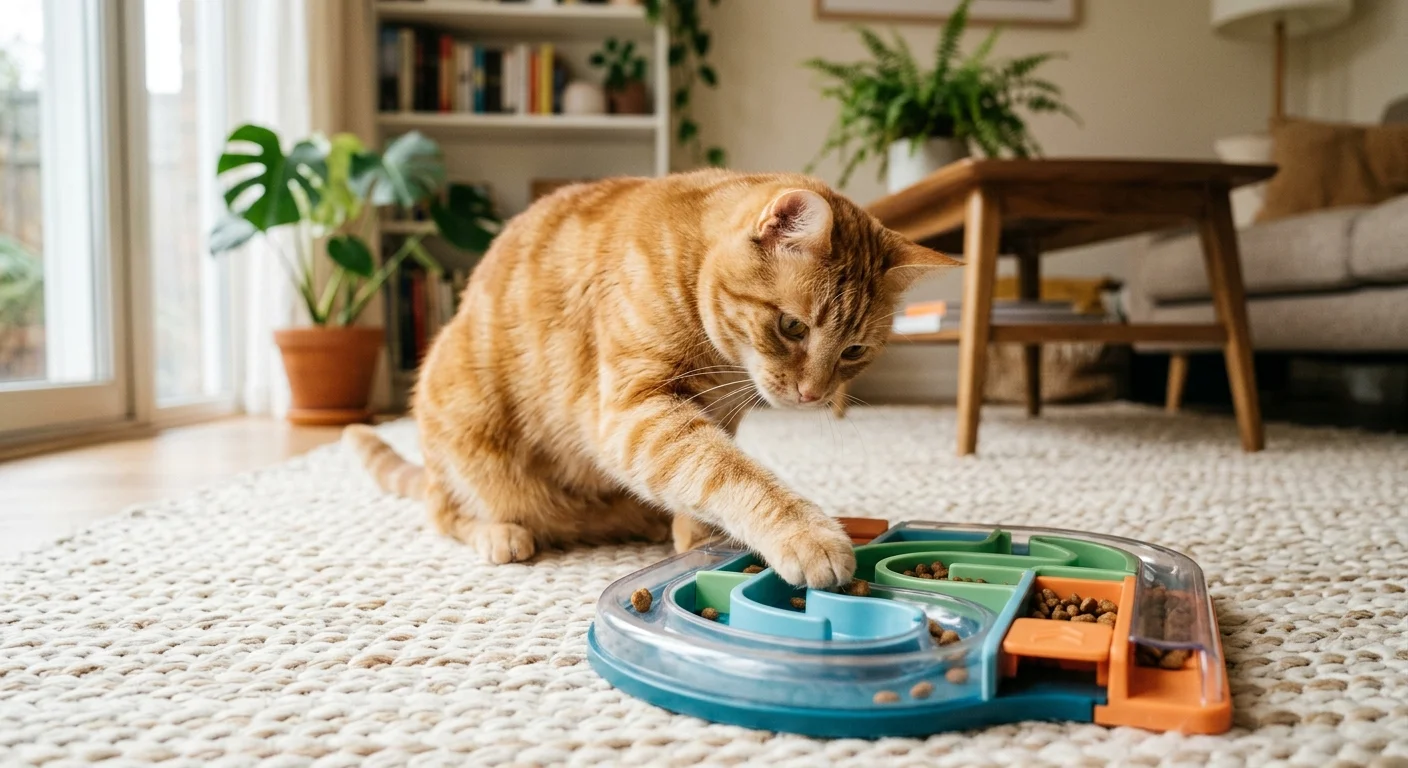 An orange tabby cat reaches its paw into a colorful plastic puzzle feeder on a living room rug.