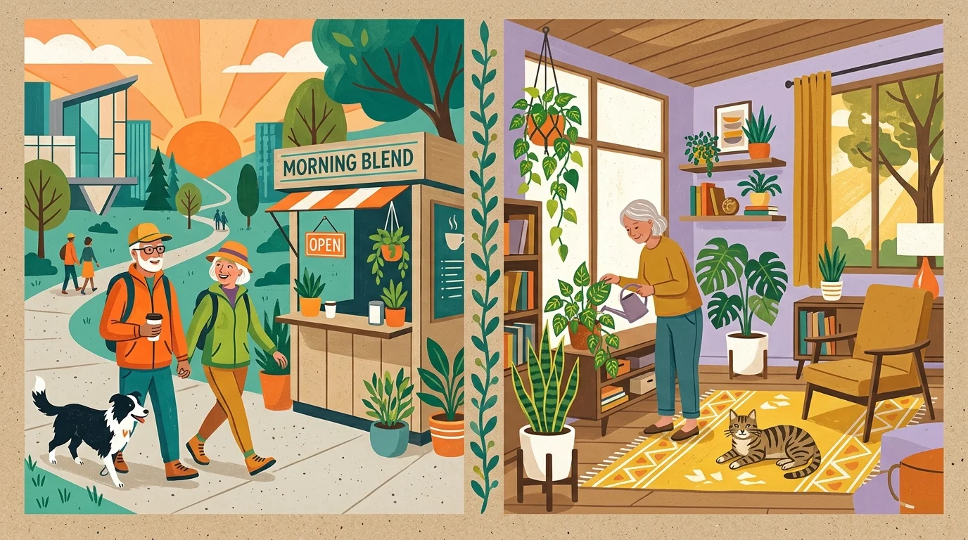 Split illustration of a senior couple walking a dog outdoors and an older woman watering houseplants beside a cat indoors.
