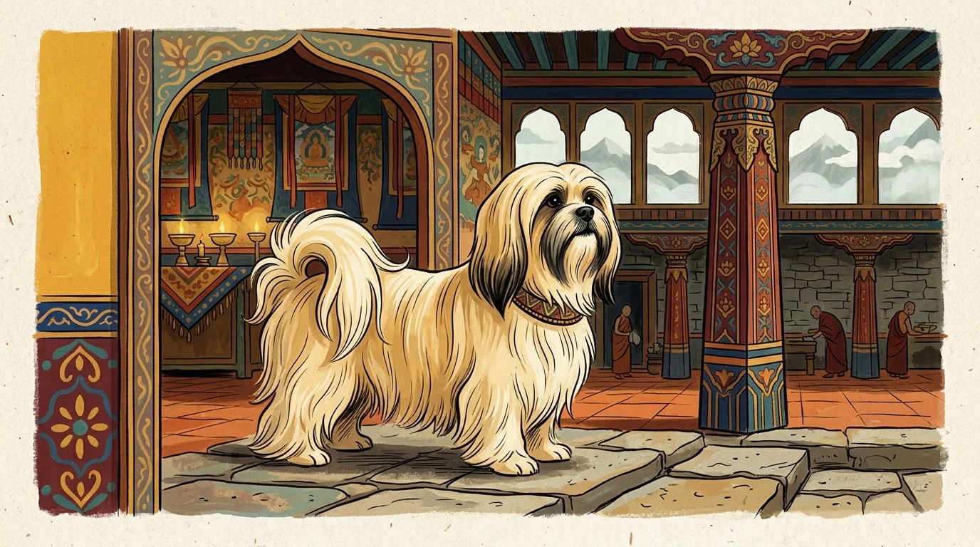 Illustration of a long-haired Lhasa Apso standing inside an ornate Tibetan monastery with monks in the background.