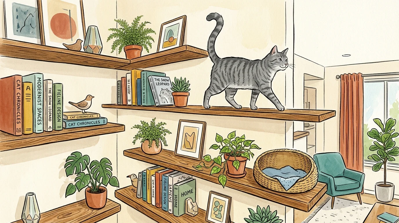Gouache illustration of a gray cat confidently exploring modern high-mounted wall shelves.