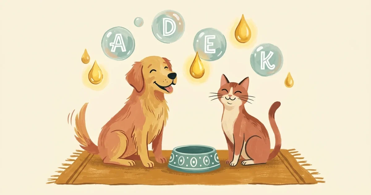Gouache illustration of a happy dog and cat next to a food bowl surrounded by floating vitamin bubbles and golden omega oil droplets.