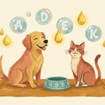 Gouache illustration of a happy dog and cat next to a food bowl surrounded by floating vitamin bubbles and golden omega oil droplets.