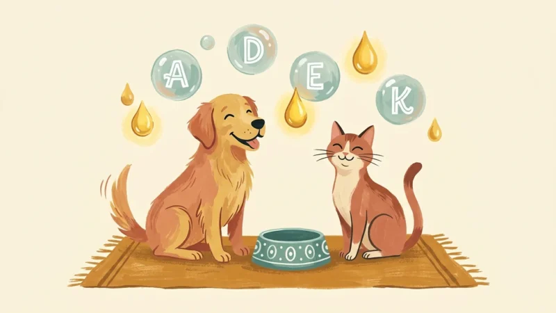 Gouache illustration of a happy dog and cat next to a food bowl surrounded by floating vitamin bubbles and golden omega oil droplets.