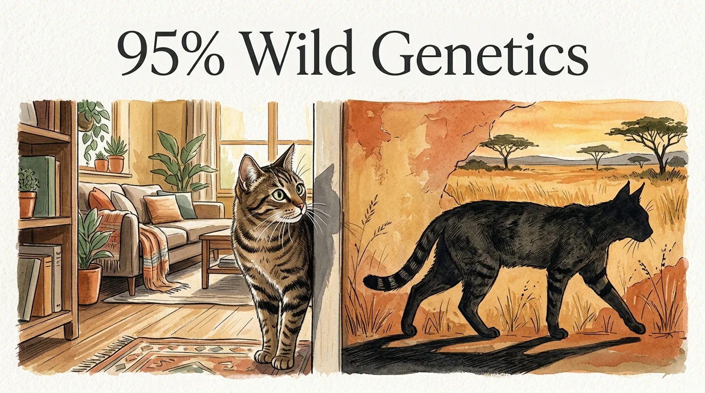 Gouache illustration of a tabby cat casting a shadow of its wild ancestor, with the text 95% Wild Genetics.