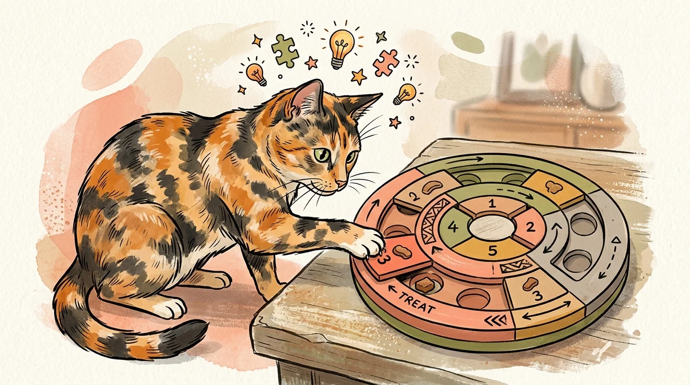 Gouache illustration of a tortoiseshell cat using its paw to solve a sliding puzzle toy for a treat.
