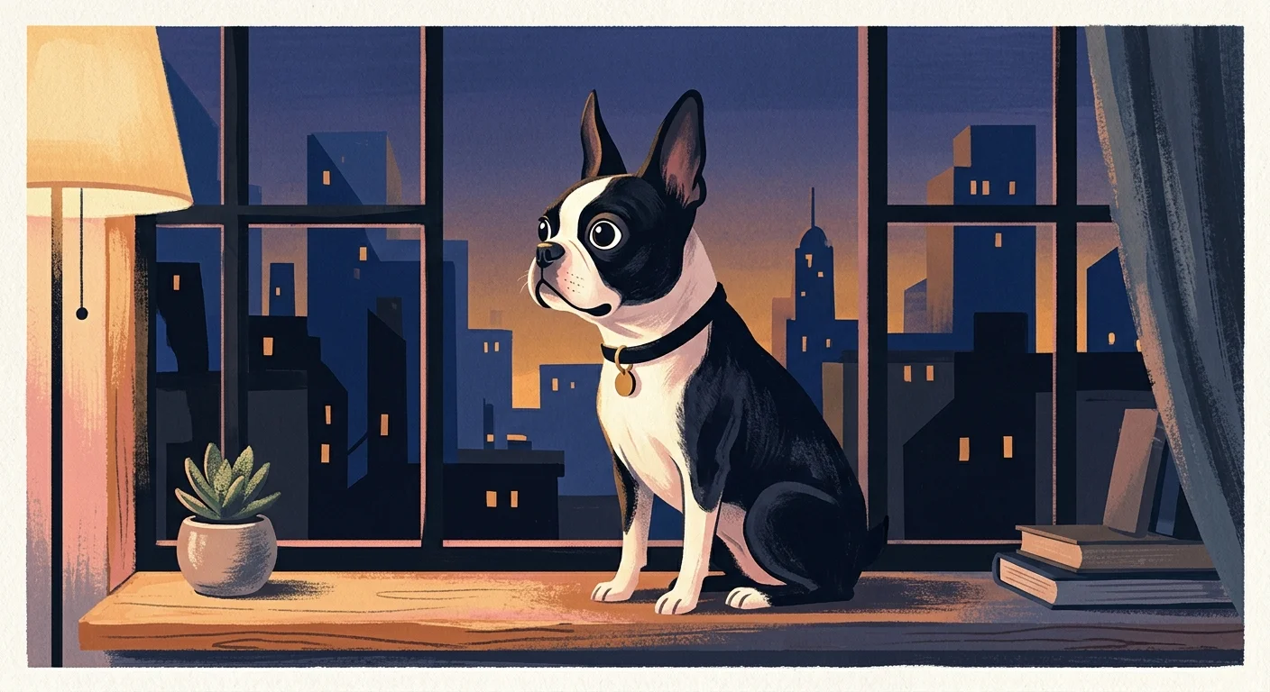 Illustration of a black and white Boston Terrier sitting attentively on a wooden windowsill in front of a city skyline at dusk.