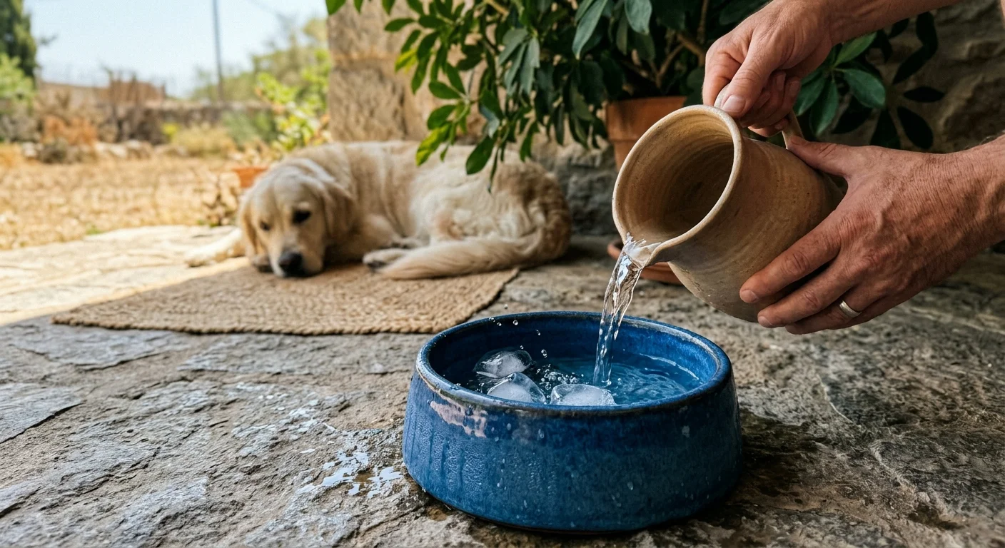 Hands pouring fresh water with ice cubes into a blue ceramic bowl on a shaded stone patio for a resting dog.