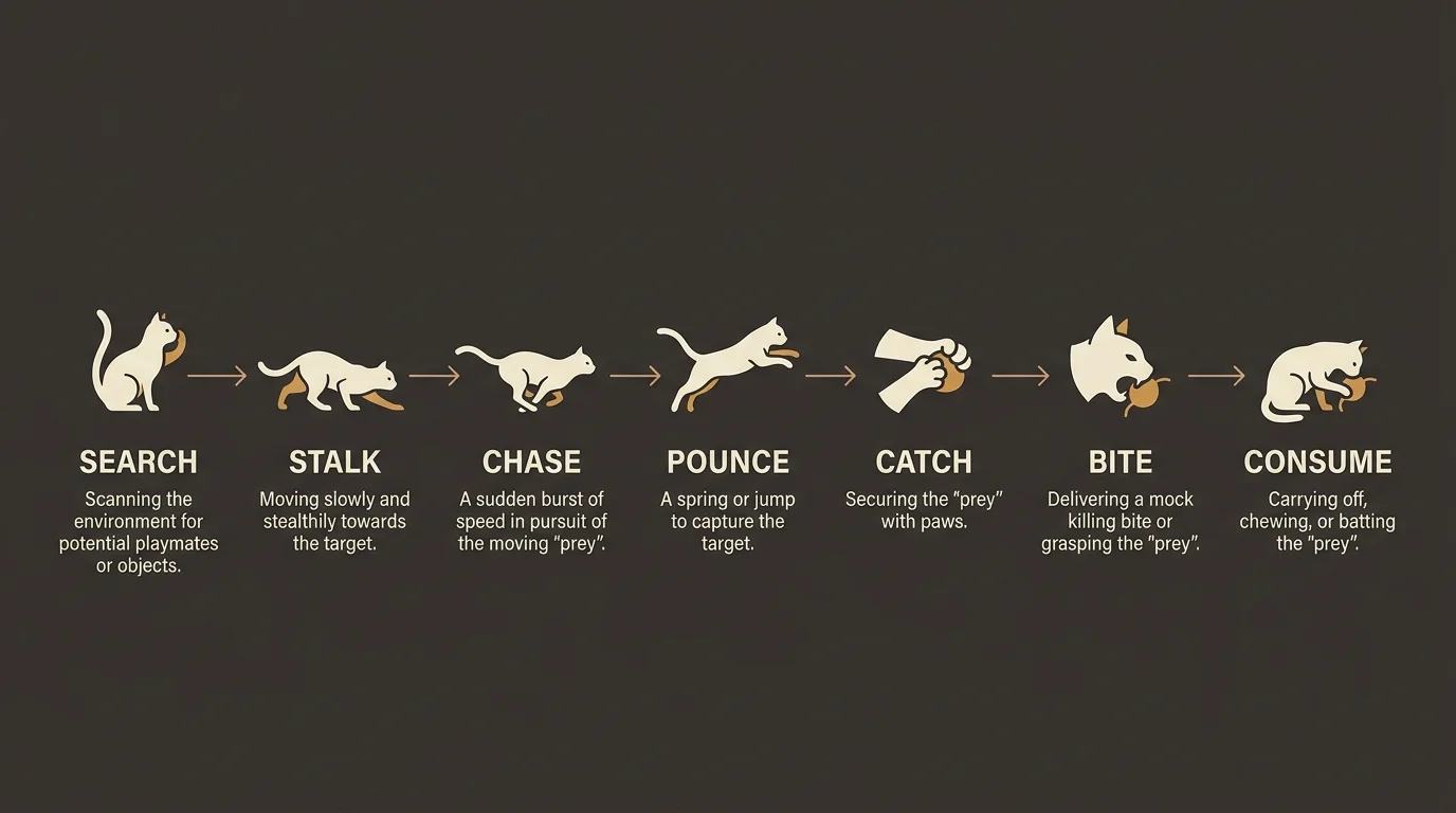 Horizontal flow diagram of the 7-step feline predatory play loop from search to consume.
