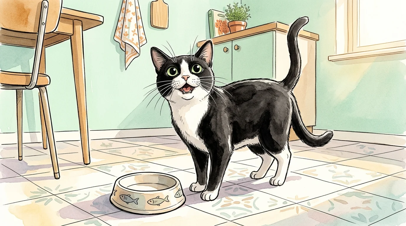 Illustration of a black-and-white cat standing expectantly by an empty food bowl in a kitchen.