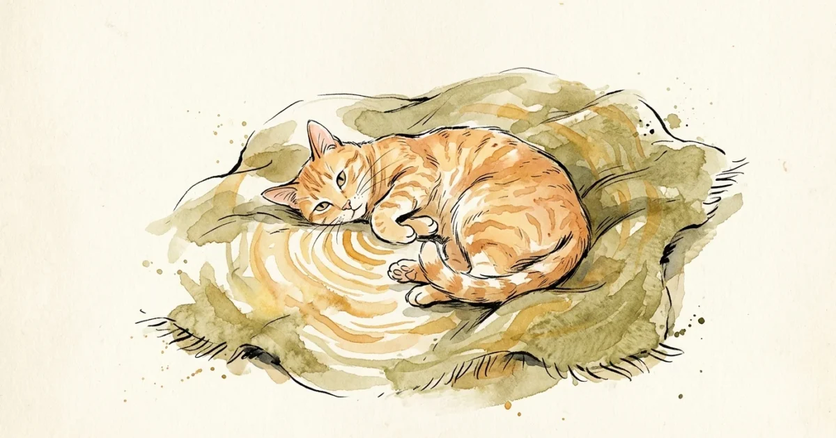 Illustration of a curled-up cat on a blanket with abstract golden soundwaves radiating from its chest.