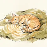 Illustration of a curled-up cat on a blanket with abstract golden soundwaves radiating from its chest.