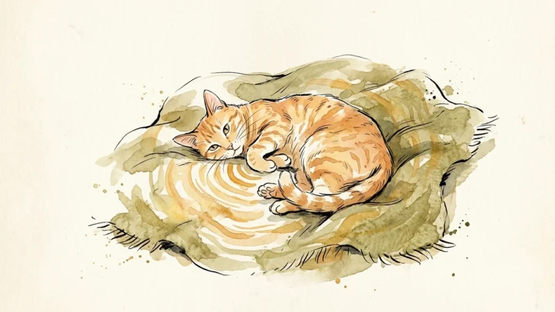 Illustration of a curled-up cat on a blanket with abstract golden soundwaves radiating from its chest.