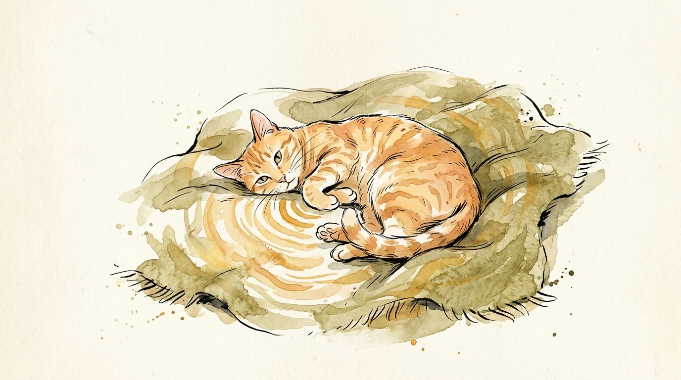 Illustration of a curled-up cat on a blanket with abstract golden soundwaves radiating from its chest.