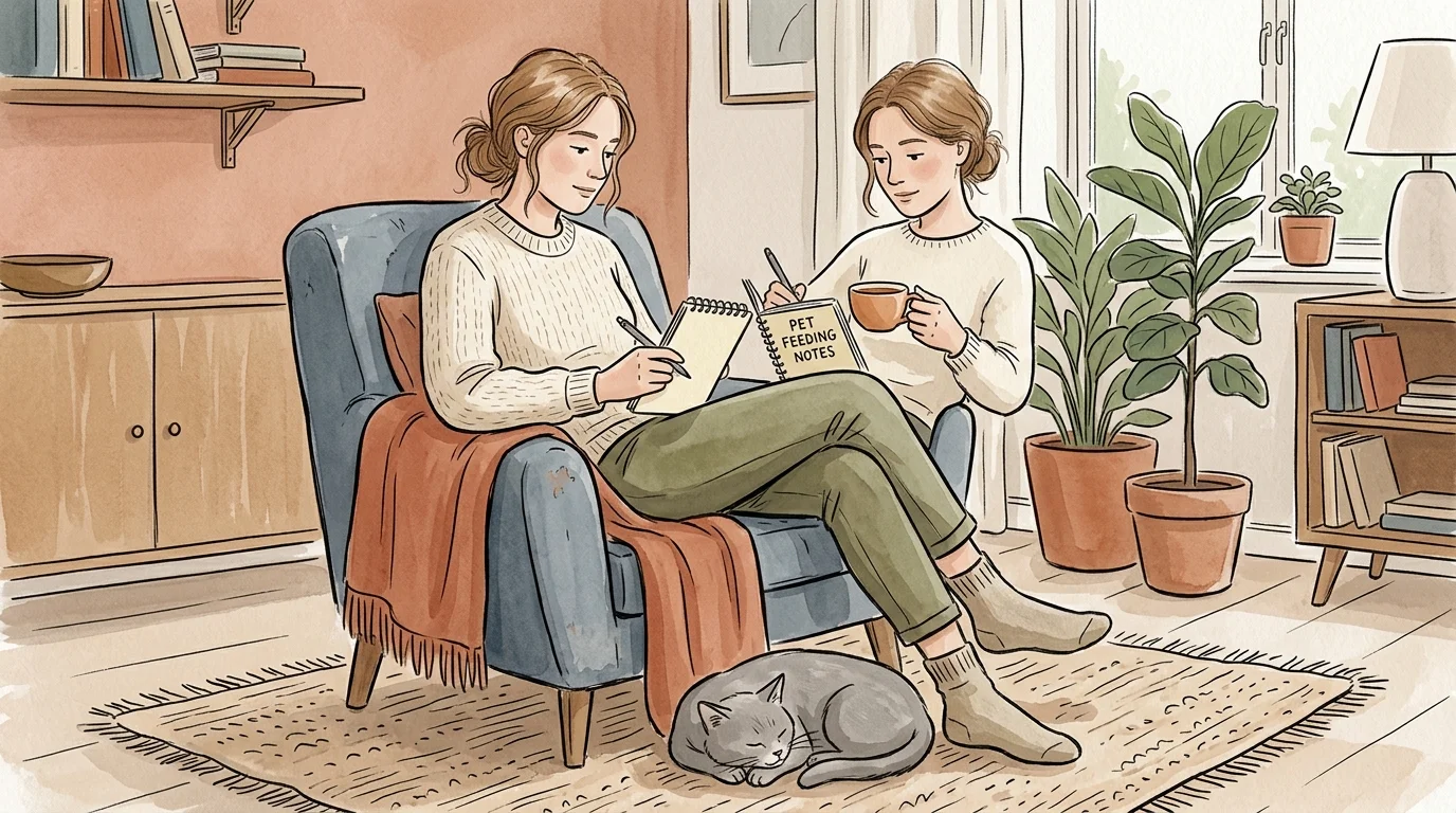 Two women write in notebooks in a cozy living room while a grey cat sleeps curled up on the rug below.