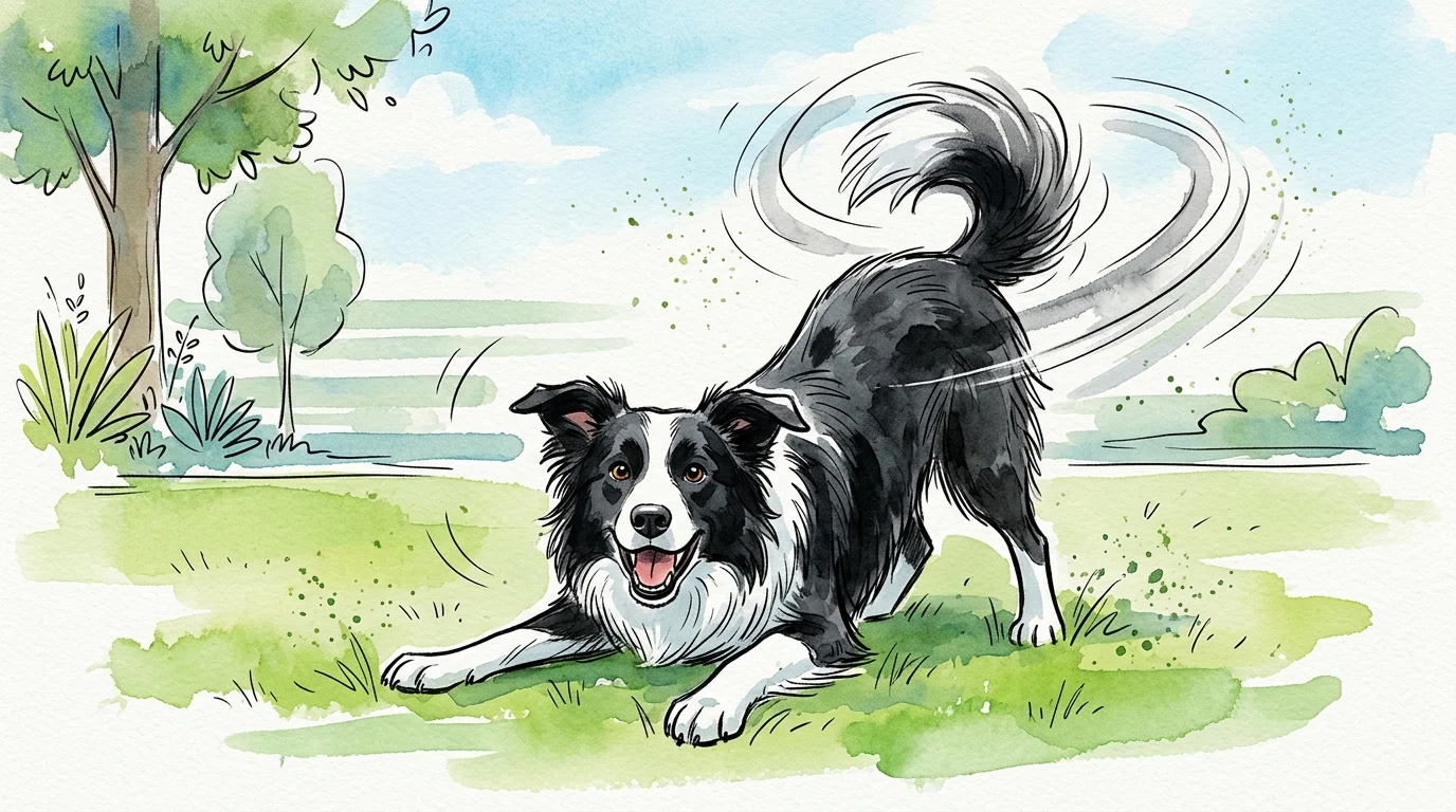 Watercolor illustration of a black and white border collie in a play bow on a grassy lawn, wagging its tail in circles.