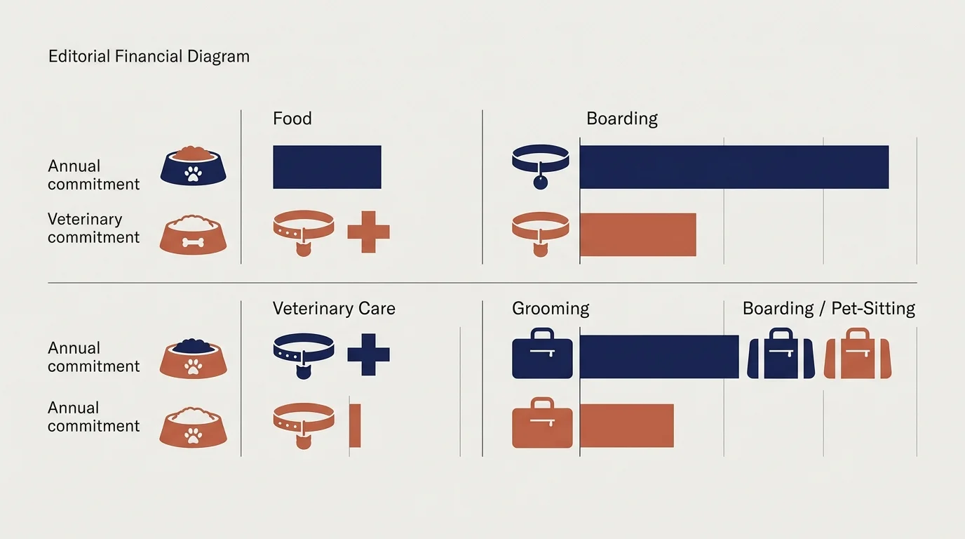 Financial diagram with pet icons and bar charts comparing expense categories like food, boarding, and veterinary care.