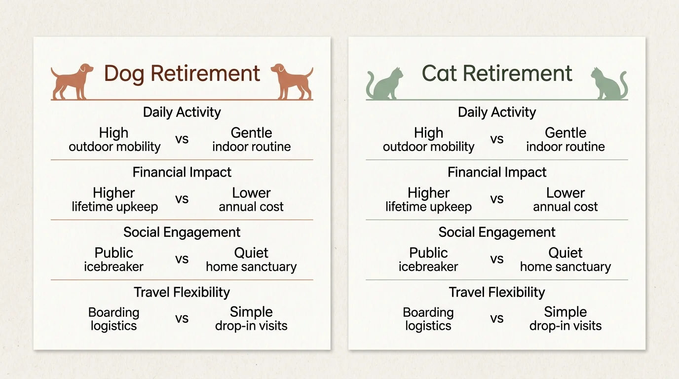 Side-by-side comparison charts for dog versus cat retirement across daily activity, finances, social life, and travel.