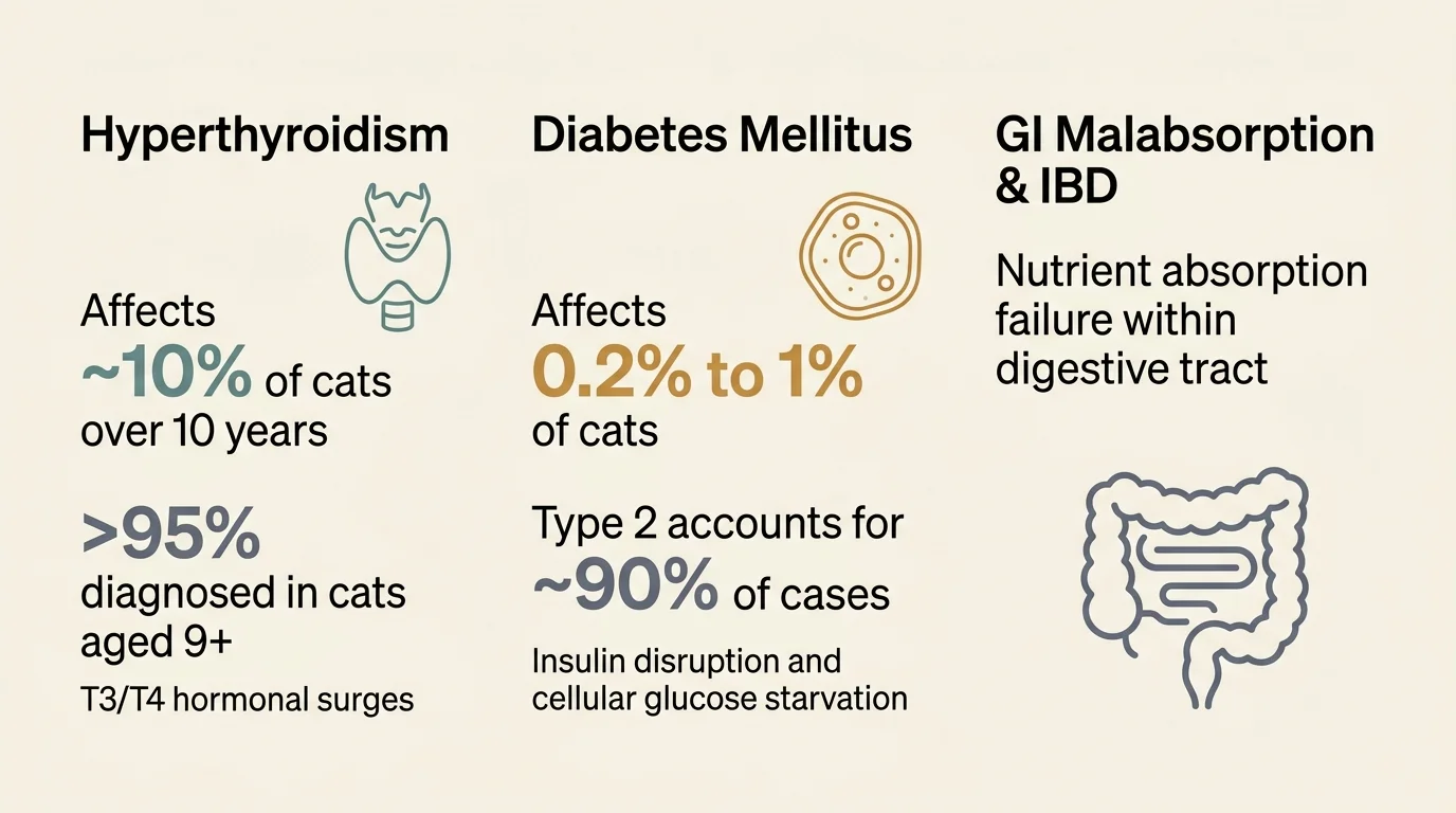 Diagram outlining statistics and facts for feline hyperthyroidism, diabetes mellitus, and GI malabsorption.
