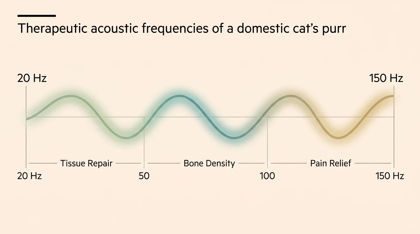 Infographic showing the acoustic frequency spectrum of a cat's healing purr from 20 Hz to 150 Hz.