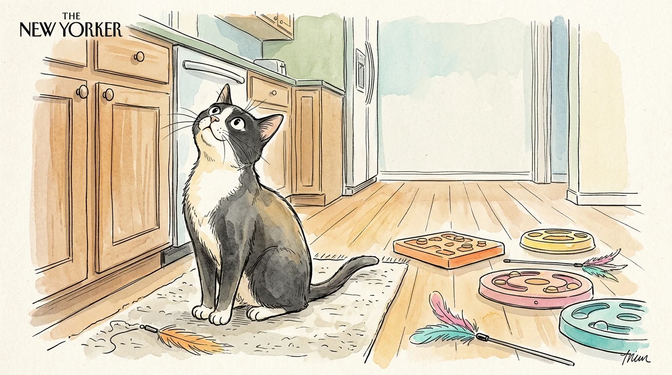 A tuxedo cat sits on a kitchen rug looking up, surrounded by colorful cat toys and interactive puzzle feeders.
