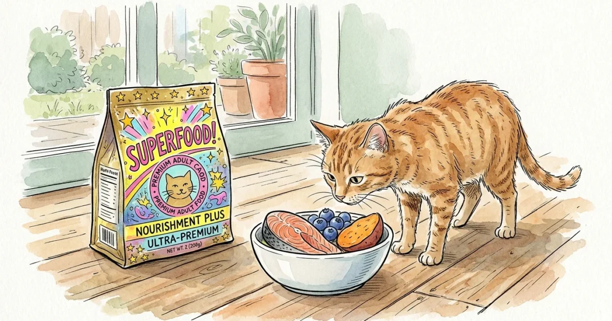 Ink and watercolor illustration of a ginger cat sniffing fresh salmon and blueberries, ignoring a flashy 'Superfood' bag.