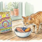 Ink and watercolor illustration of a ginger cat sniffing fresh salmon and blueberries, ignoring a flashy 'Superfood' bag.