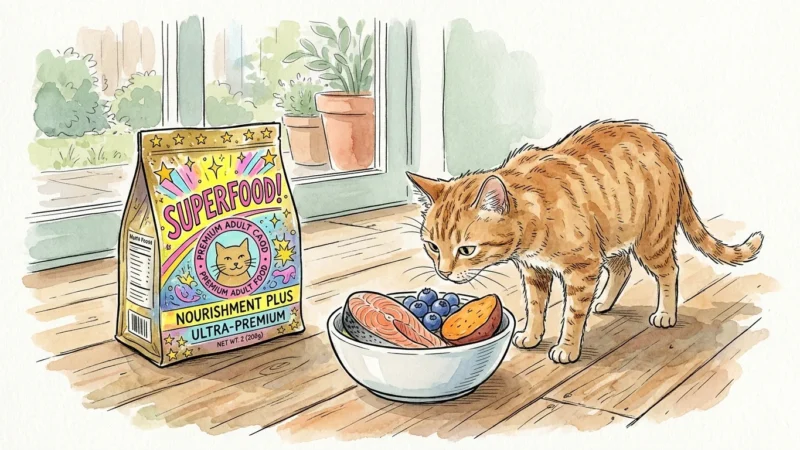 Ink and watercolor illustration of a ginger cat sniffing fresh salmon and blueberries, ignoring a flashy 'Superfood' bag.