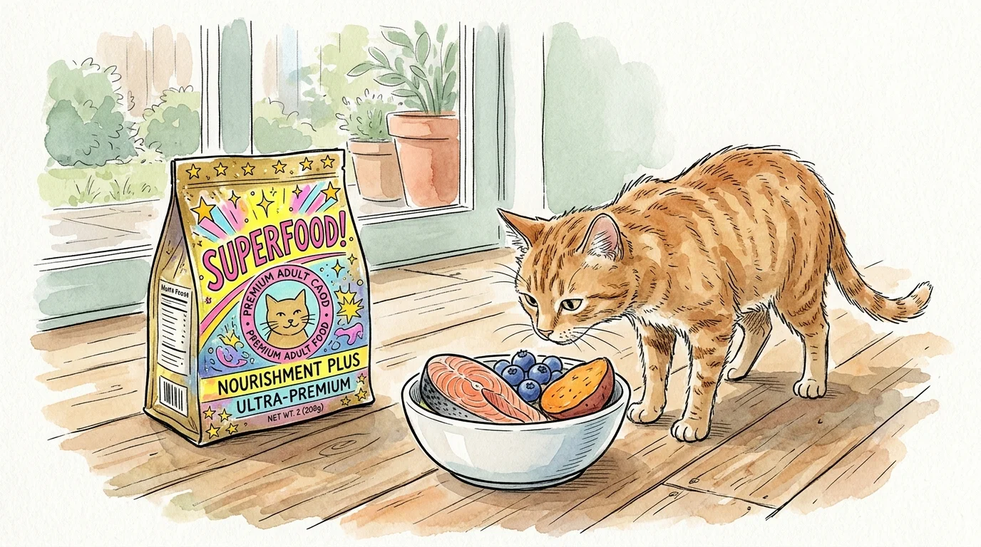 Ink and watercolor illustration of a ginger cat sniffing fresh salmon and blueberries, ignoring a flashy 'Superfood' bag.