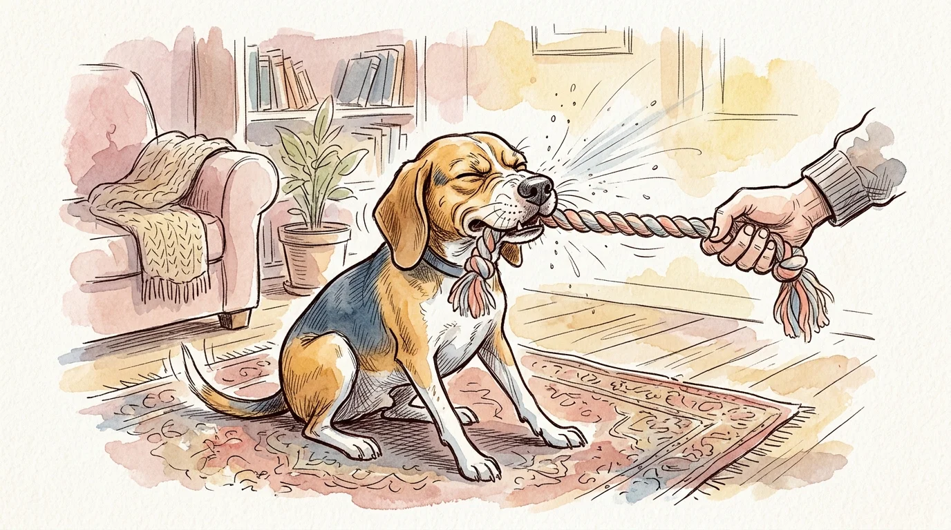 Watercolor illustration of a beagle sneezing while playing tug-of-war with a person holding a rope toy.