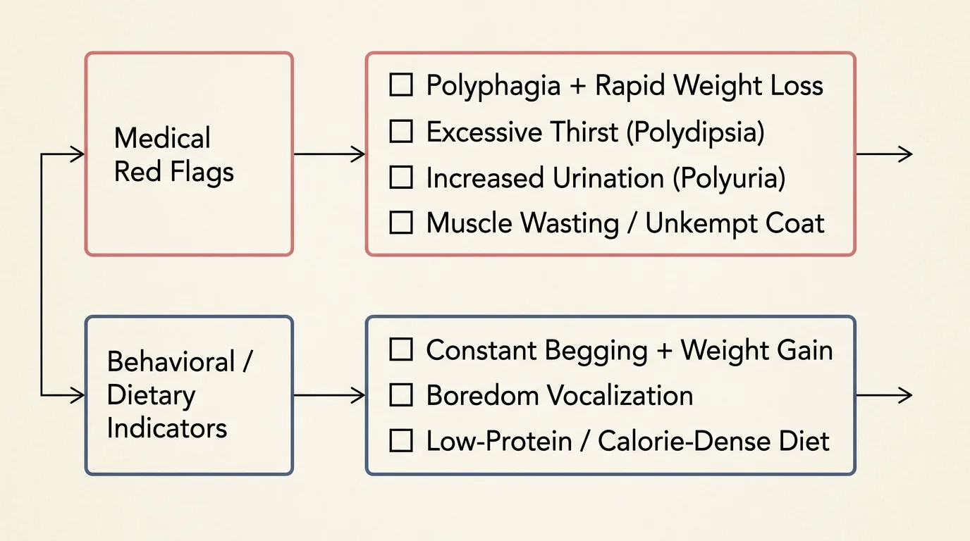 Flowchart comparing checklist items for feline medical red flags versus behavioral and dietary hunger indicators.