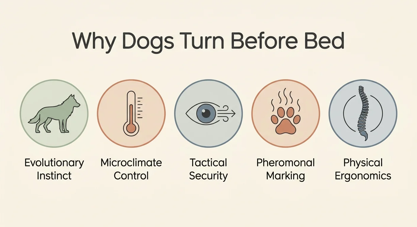 Minimalist horizontal infographic outlining the five core reasons dogs circle before sleeping.