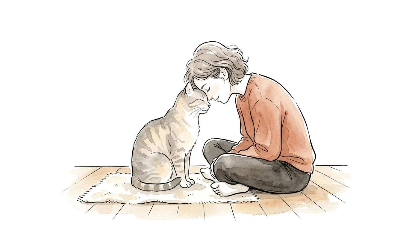 Minimalist illustration of a person and a cat gently resting their foreheads together on the floor.