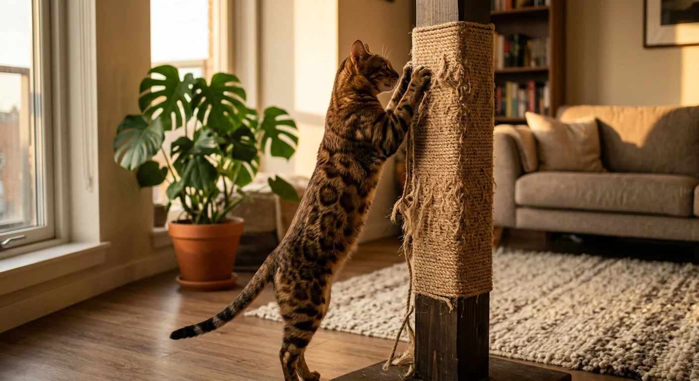 Photograph of a Bengal cat fully stretching up to scratch a tall sisal post in warm golden hour light.