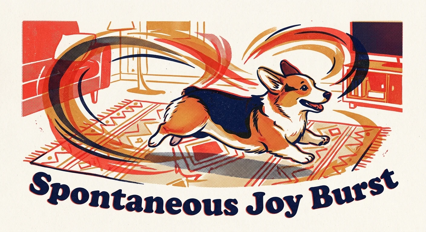 Retro illustration of a corgi sprinting across a living room rug with motion lines and text reading Spontaneous Joy Burst.