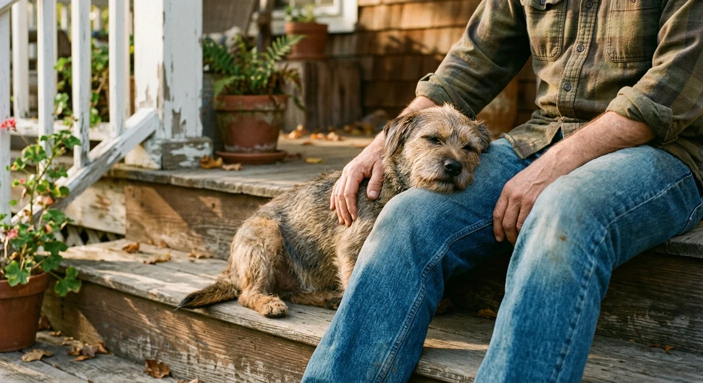 A small scruffy dog rests its head on the knee of a person sitting on wooden porch steps.