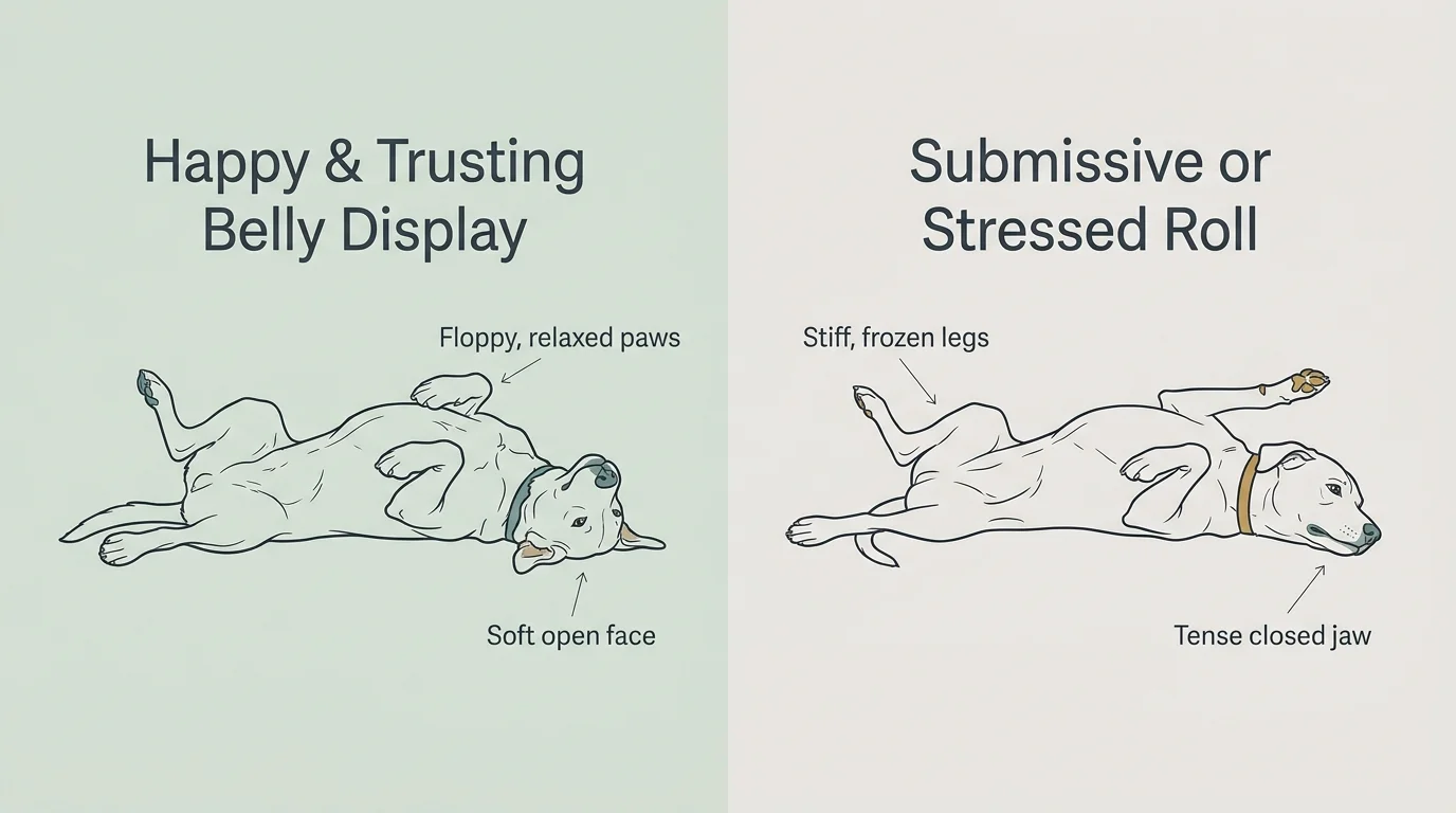 Diagram comparing a happy dog on its back with floppy paws to a stressed dog with stiff legs and a tense jaw.
