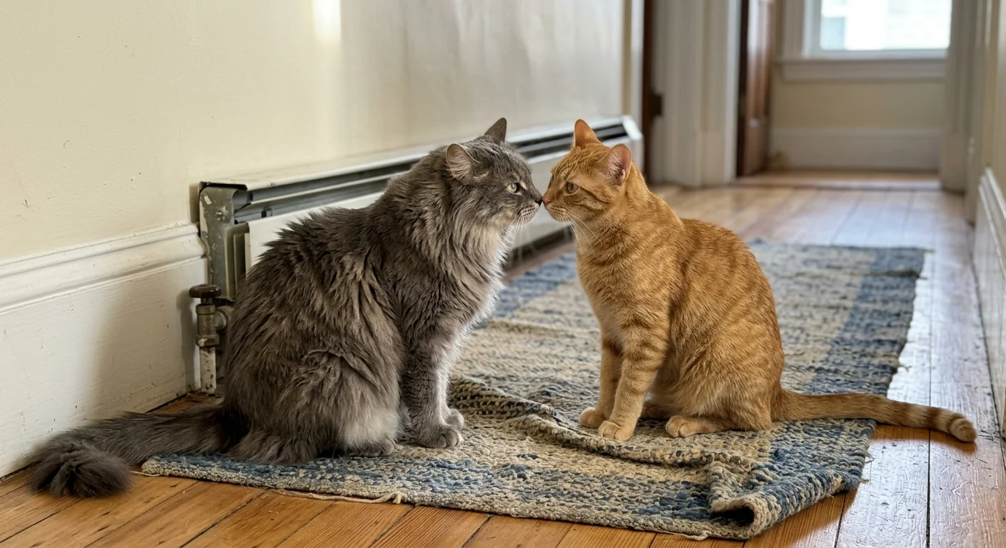 Snapshot photograph of two cats gently touching noses in a sunlit hallway, showing calm social bonding.